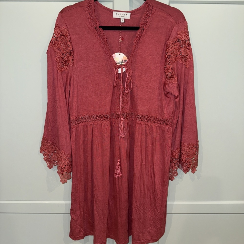 HAYDEN Los Angeles Boho Bell Sleeve Knit Lace Tunic Dress Coverup Large